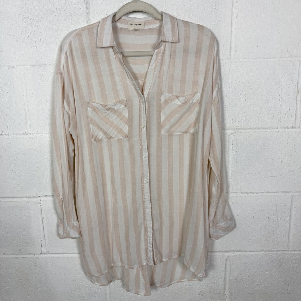 Thread & Supply Linen Blend Top Soft Oversized Neutral Stripe Coastal‎ Minimal S